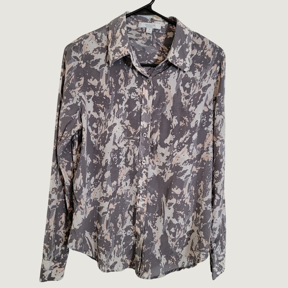 Piperlime Collection 100% Silk Abstract Camo Print Button Down Blouse Medium
